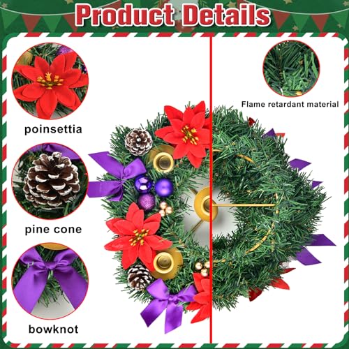 Kenburg 12 Inch Christmas Advent Wreath 5 Candle Holder with Metal Candle Cups for Taper Candles Fire Retardant Centerpiece Decorations for Table Indoor Home Church(No Candles) - Image 4