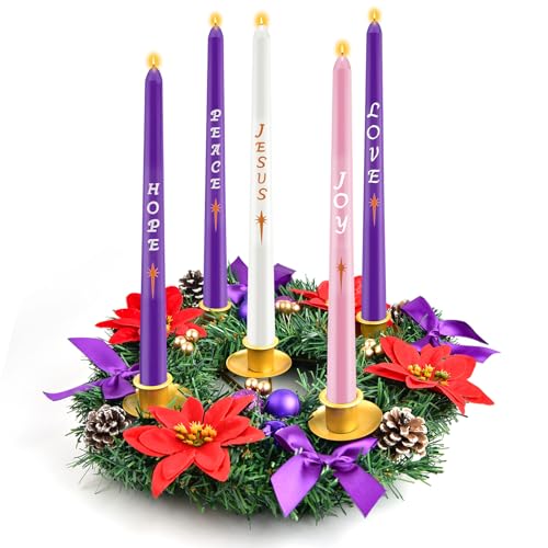 Kenburg 12 Inch Christmas Advent Wreath 5 Candle Holder with Metal Candle Cups for Taper Candles Fire Retardant Centerpiece Decorations for Table Indoor Home Church(No Candles) - Image 1
