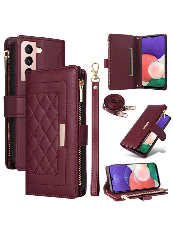اس-توب جراب لهاتف Samsung Galaxy S22+ 5G Crossbody بسحاب ومحفظة من الجلد بتصميم معين الشكل - Image 1