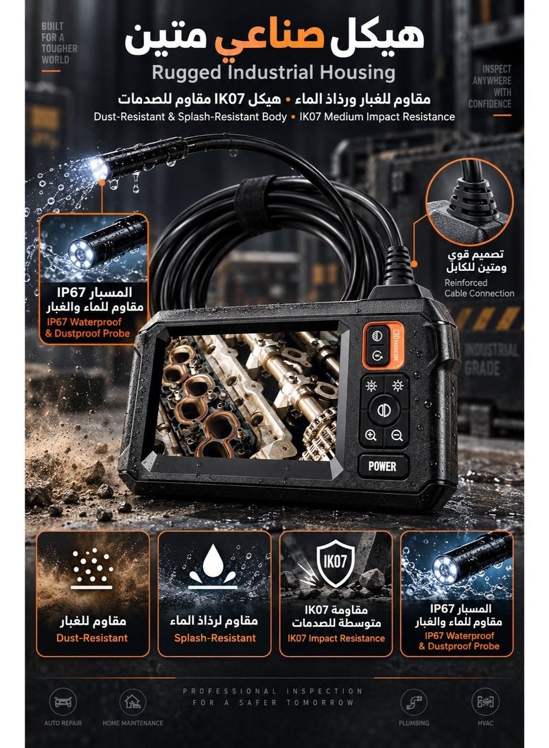 Xtra Edge 1080P HD Borescope Inspection Camera with 4.3" Standalone Screen, 5M Semi-Rigid Cable, 8mm IP67 Waterproof Probe, 8 Adjustable LED Lights & 3 Accessories for Car, AC, Pipe, Wall & Home Inspection - Image 4