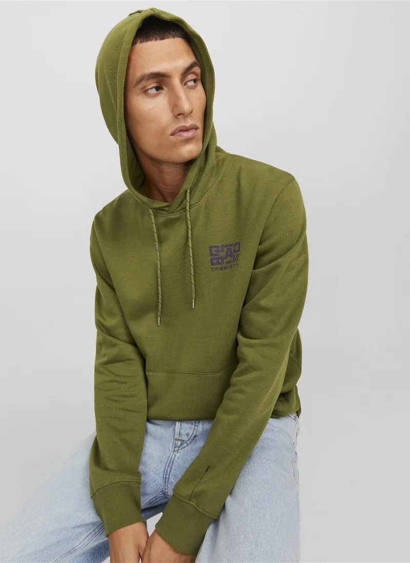 جاك & جونز Hooded Collar Green Men's Sweatshirt 12242225_JCOWAFFLE Backprint Sweat