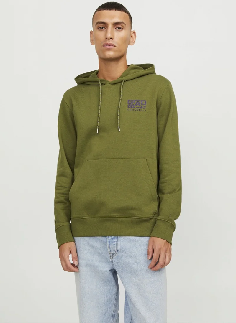 جاك & جونز Hooded Collar Green Men's Sweatshirt 12242225_JCOWAFFLE Backprint Sweat