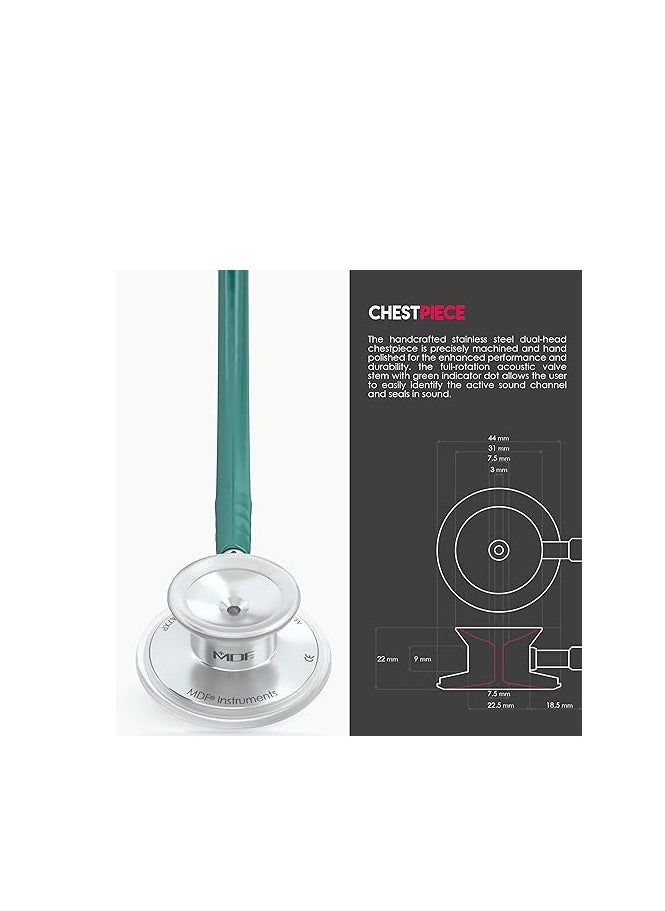 MDF Acoustica Lightweight Stethoscope for Doctors, Nurses, Students, Home Health Use, Adult, Dual Head, Dark Green Tube, Silver Chestpiece-Headset, MDF747XP04