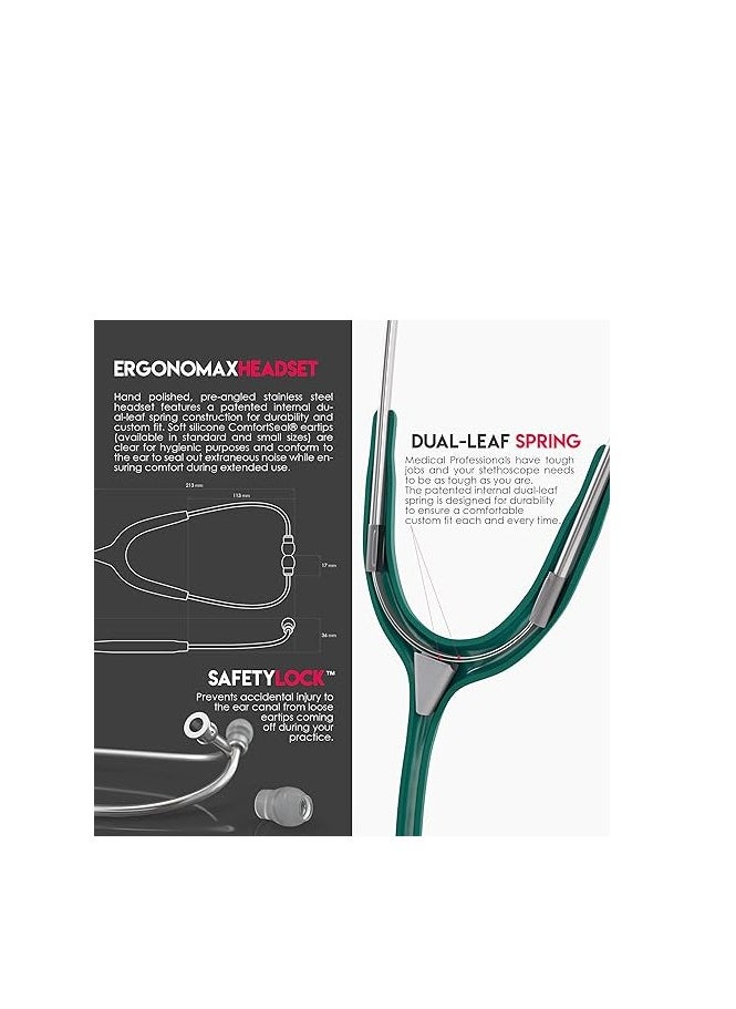 MDF Acoustica Lightweight Stethoscope for Doctors, Nurses, Students, Home Health Use, Adult, Dual Head, Dark Green Tube, Silver Chestpiece-Headset, MDF747XP04