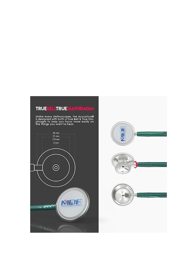 MDF Acoustica Lightweight Stethoscope for Doctors, Nurses, Students, Home Health Use, Adult, Dual Head, Dark Green Tube, Silver Chestpiece-Headset, MDF747XP04