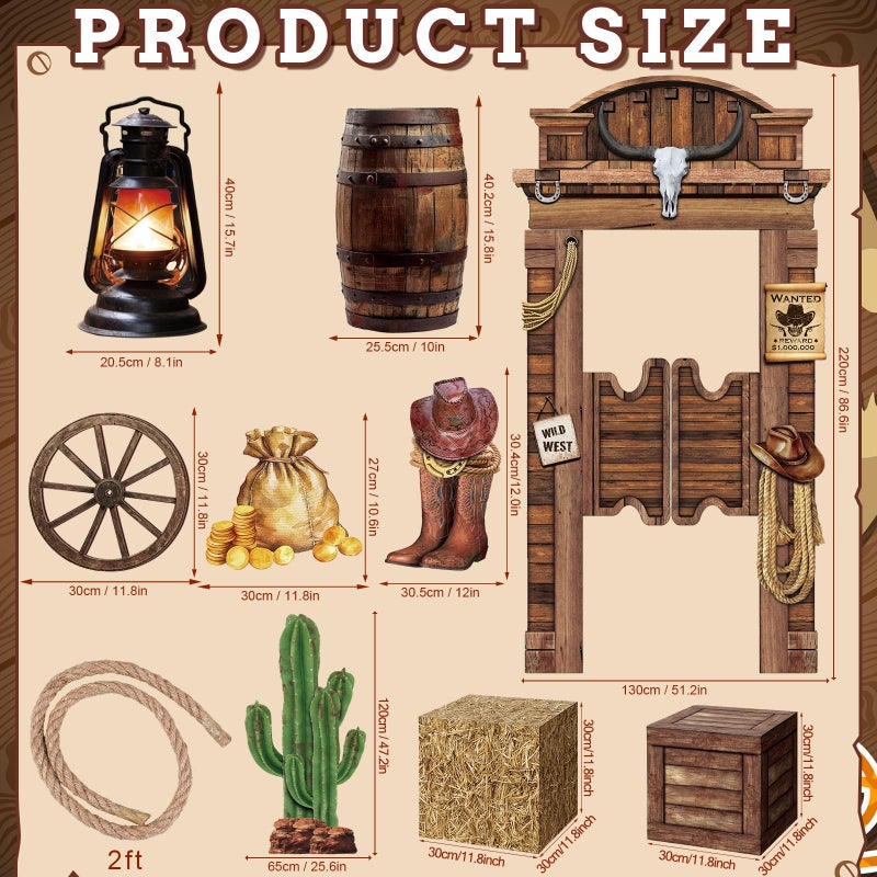 Colingmill 15 Pcs Western Cowboy Party Decorations Cowboy Backdrop 4 Hay Bales Boxes 2 Wooden Print Boxes 2 Wooden Wagon Wheels 5 Western Centerpieces for Photo Booth Props Cowgirl Birthday - Image 2