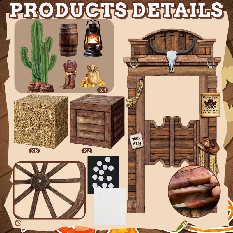 Colingmill 15 Pcs Western Cowboy Party Decorations Cowboy Backdrop 4 Hay Bales Boxes 2 Wooden Print Boxes 2 Wooden Wagon Wheels 5 Western Centerpieces for Photo Booth Props Cowgirl Birthday - Image 3