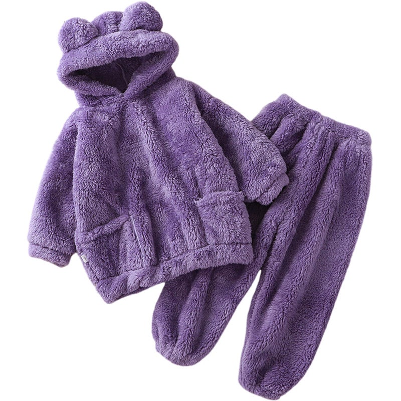 Arssm Girl Pants Sets Two Pieces Outfit Kids Bear Ear Fuzzy Fluffy Hoodie Sweatshirt with Fleece Sweatpants(Purple-5T) - Image 1