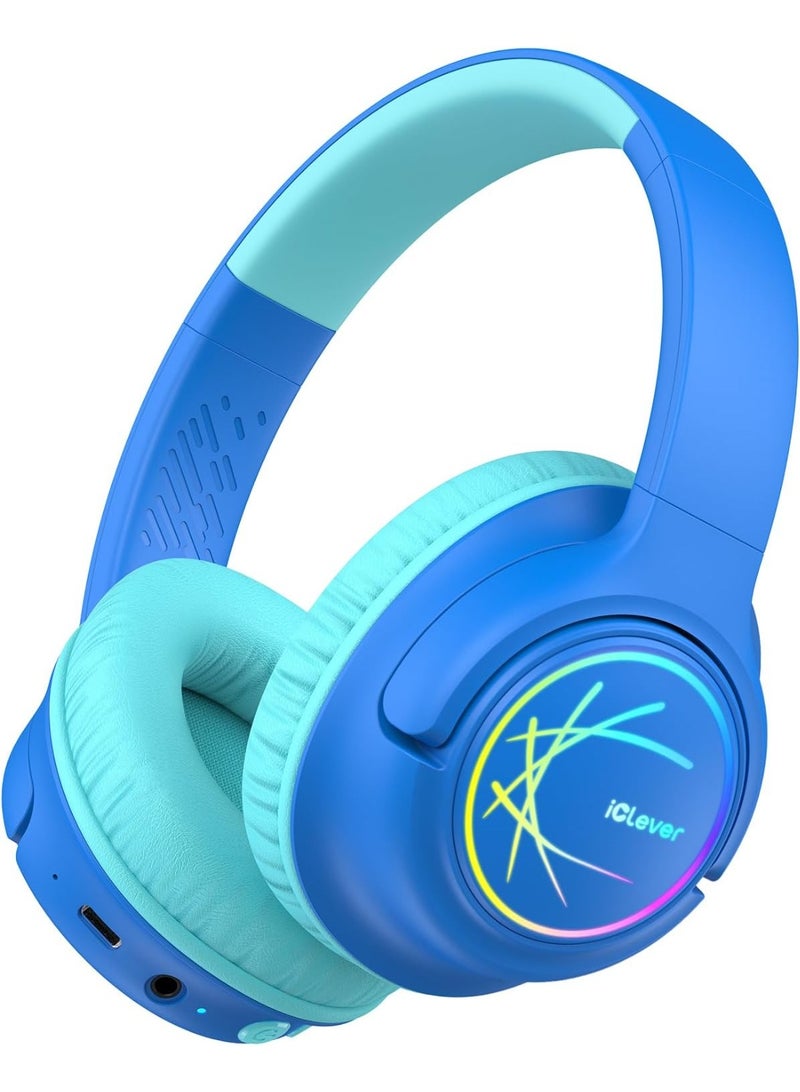 iClever Kids Bluetooth Headphones with LED Lights, 43H Playtime, Type-C Fast Charging, BTH18 Safe Volume 74/85dBA, Bluetooth5.3,Toddler Headphones Aux Cord for iPad/Tablet/Travel/School, Blue - Image 1