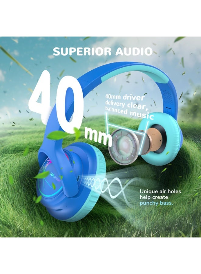 iClever Kids Bluetooth Headphones with LED Lights, 43H Playtime, Type-C Fast Charging, BTH18 Safe Volume 74/85dBA, Bluetooth5.3,Toddler Headphones Aux Cord for iPad/Tablet/Travel/School, Blue - Image 2