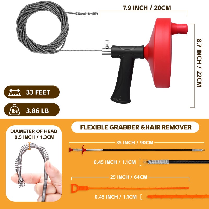 Ginbel Direct Drain Auger 33 ft, Plumbing Snake Hair Clog Remover Drain Snake Flexible Grabber Heavy Duty Sink Cleaner Tools for Shower Bathtub Bathroom Kitchen Pipe, Red - Image 2