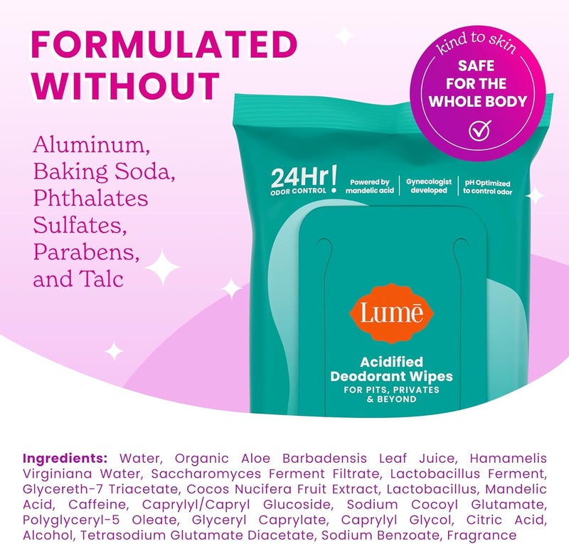 Lume Acidified Deodorant Wipes - 24 Hour Odor Control - Aluminum Free, Baking Soda Free, Skin Loving - 15 Count (Pack of 3) (Cool Cucumber) - Image 4