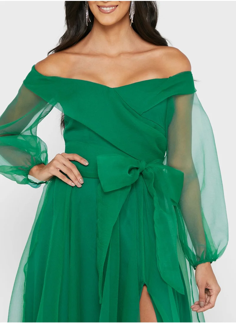 Ella Limited Edition Organza Sleeve Off Shoulder Slit Detail Dress