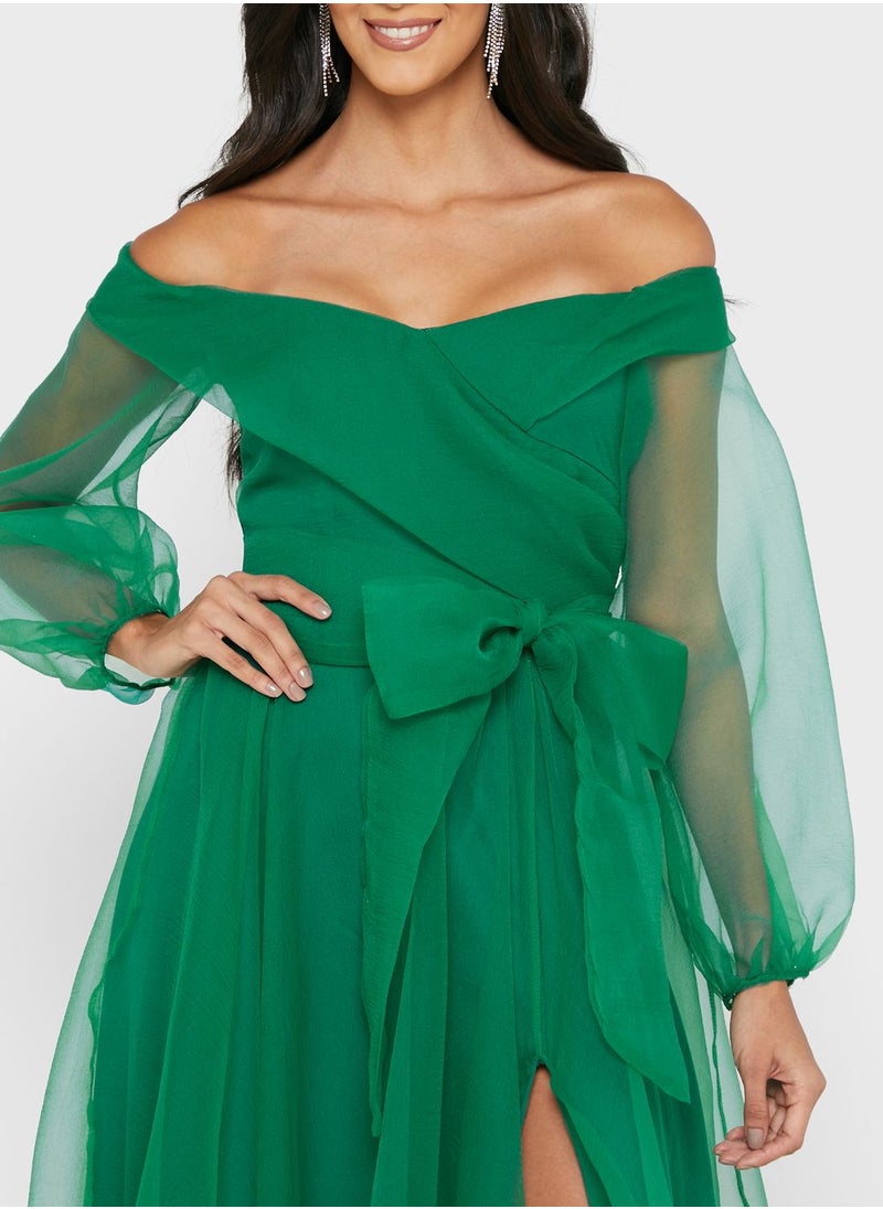 Ella Limited Edition Organza Sleeve Off Shoulder Slit Detail Dress  - Image 3