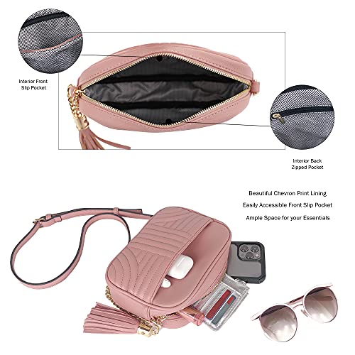 EVVE Quilted Crossbody Bags for Women - Stylish Camera Bag with Tassel - Lightweight Medium Size Shoulder Purse | Mauve - Image 3