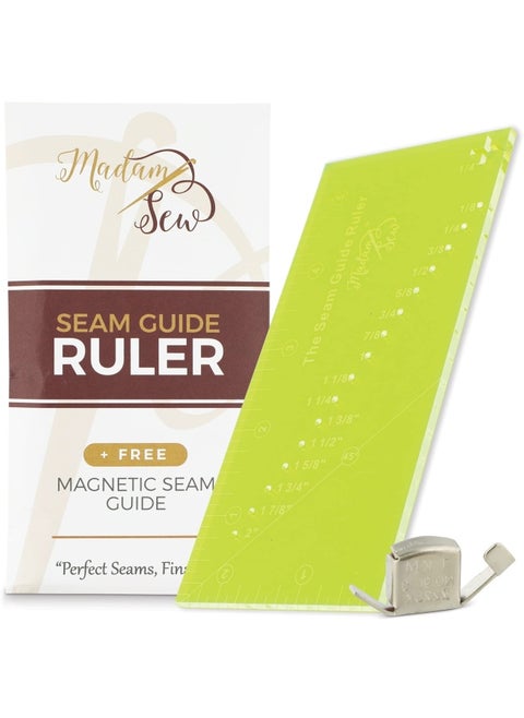 Madam Sew Seam Allowance Ruler and Magnetic Seam Guide for Sewing Machine   Perforated Seam Gauge for Perfect 1 8  to 2  Straight Line Hems   Includes 1 4  Pivot Point and 45 Degree Trim Line