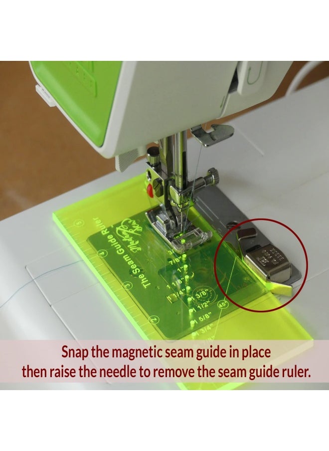 Madam Sew Seam Allowance Ruler and Magnetic Seam Guide for Sewing Machine   Perforated Seam Gauge for Perfect 1 8  to 2  Straight Line Hems   Includes 1 4  Pivot Point and 45 Degree Trim Line