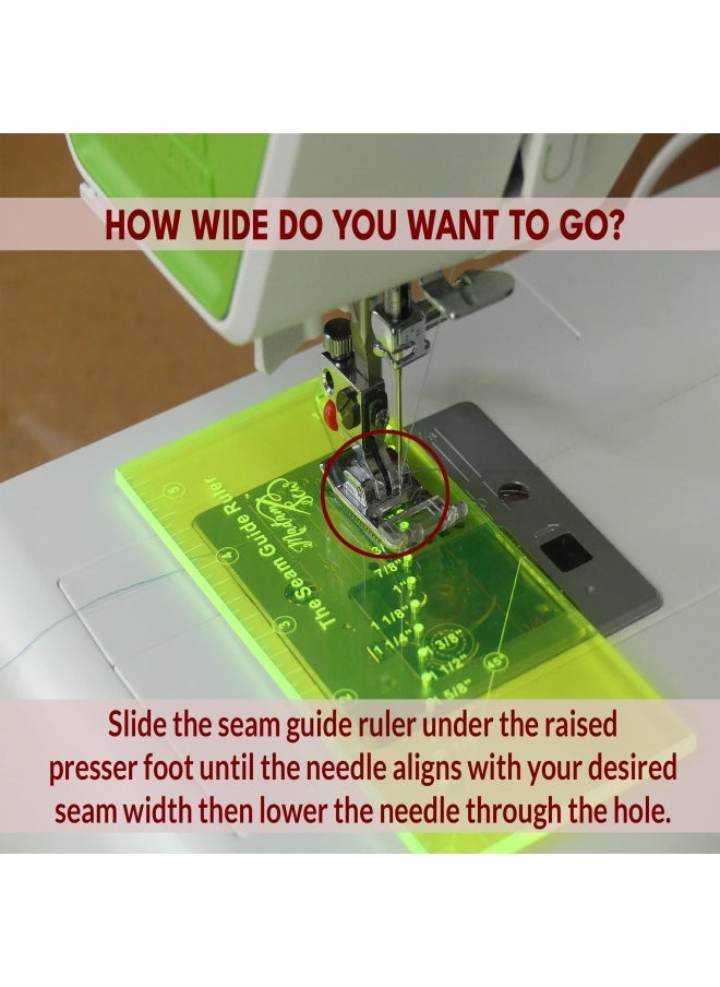 Madam Sew Seam Allowance Ruler and Magnetic Seam Guide for Sewing Machine   Perforated Seam Gauge for Perfect 1 8  to 2  Straight Line Hems   Includes 1 4  Pivot Point and 45 Degree Trim Line