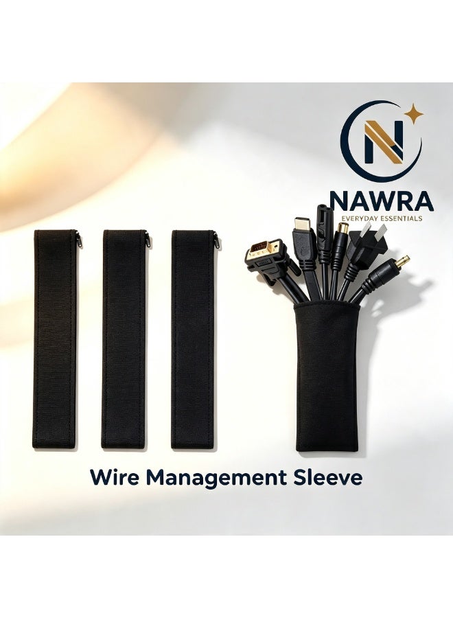 NAWRA 3 Pack Cable Management Sleeve 19-20 Inch | Zipper Cord Organizer Wrap Cover | Flexible Wire Hider System for TV Computer Home Office Entertainment, Black