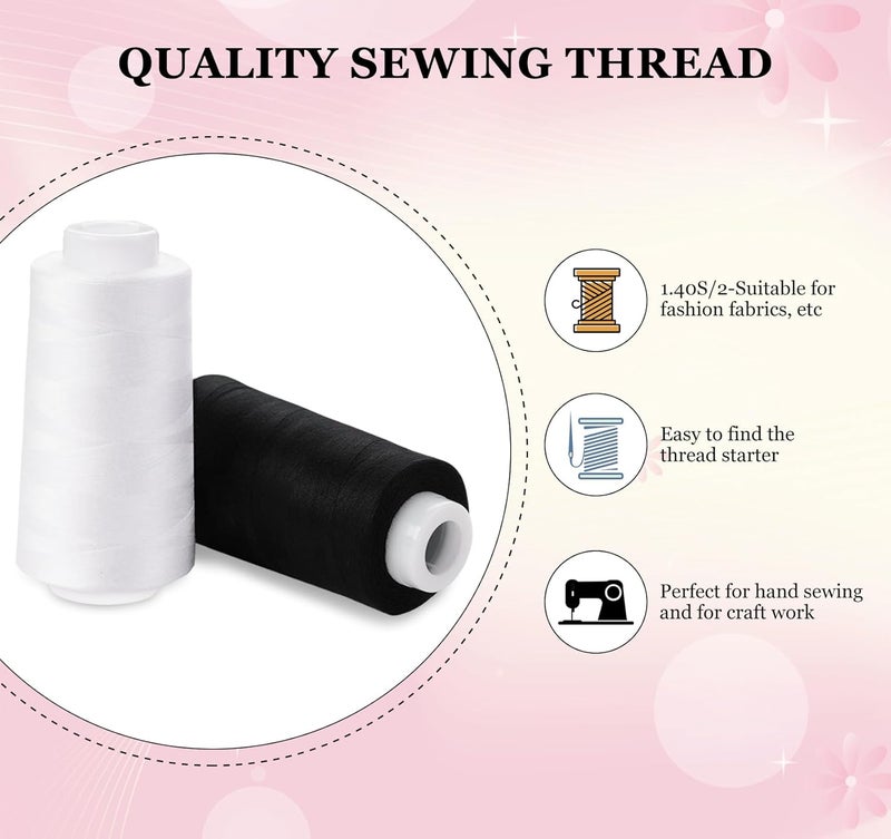 ilauke 4 x 3000 Yards White Thread for Sewing Serger Thread Spools Black & White Polyester Sewing Threads Overlock Cone for Sewing Machine - Image 4