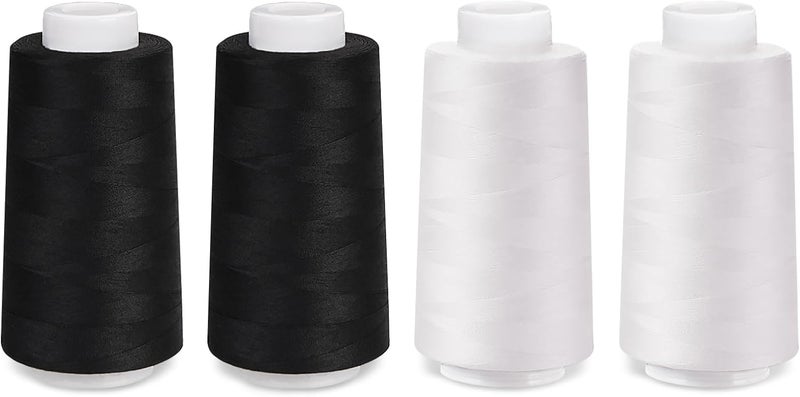 ilauke 4 x 3000 Yards White Thread for Sewing Serger Thread Spools Black & White Polyester Sewing Threads Overlock Cone for Sewing Machine - Image 1