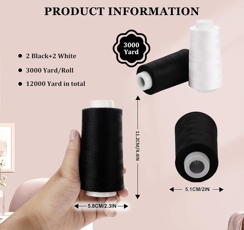 ilauke 4 x 3000 Yards White Thread for Sewing Serger Thread Spools Black & White Polyester Sewing Threads Overlock Cone for Sewing Machine - Image 2