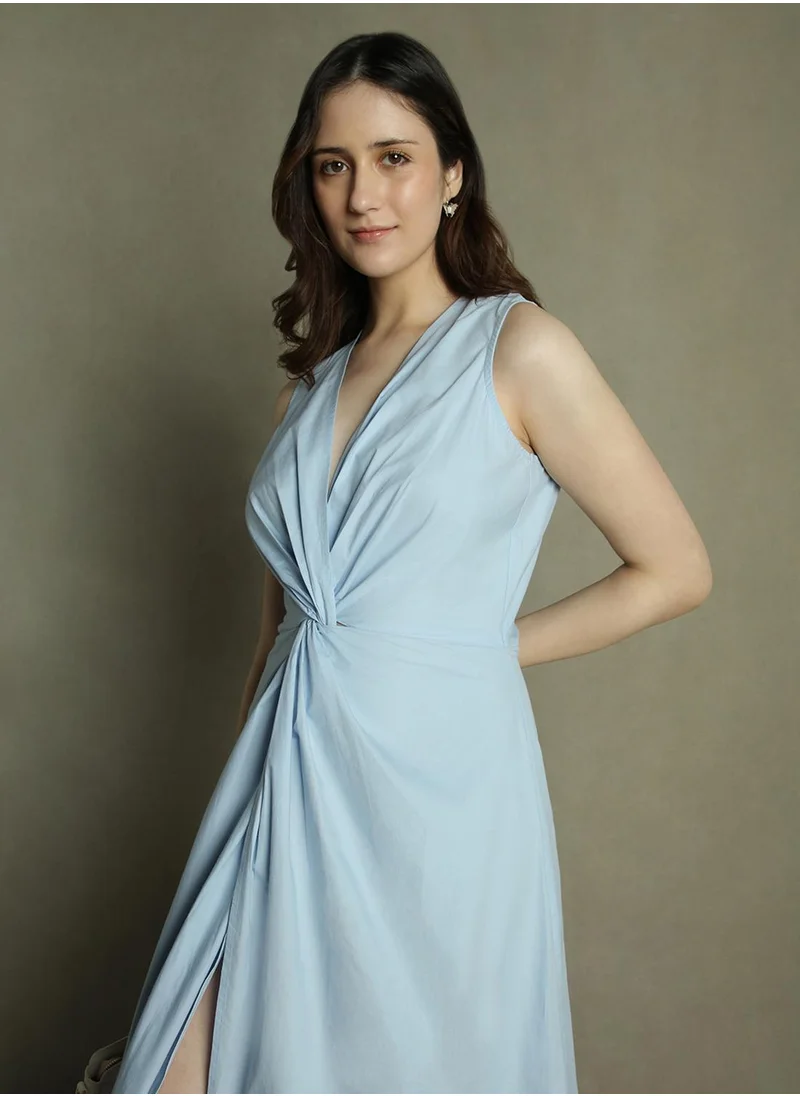 Dennis Lingo Women's Light Blue 100% Cotton Solid Regular Fit Dress