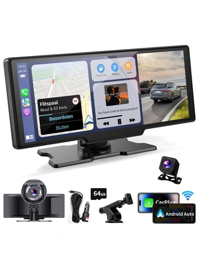 kuayvan Wireless Portable Carplay Screen for Car - 10.26Inch Carplay & Android Auto Car Touch Stereo, with 4K Dash Cam, Backup Camera,Bluetooth,GPS Navigation - Image 1