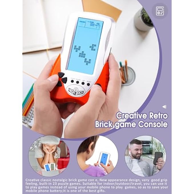 NEW BRICK GAME CONSOLE WITH LARGE SCREEN, BLUE BACKLIGHT BRIGHTNESS CAN BE ADJUSTED IN 23 GAMES COMPATIBLE WITH LITHIUM BATTERY AND AAA BATTERIES (ORANGE) - Image 3