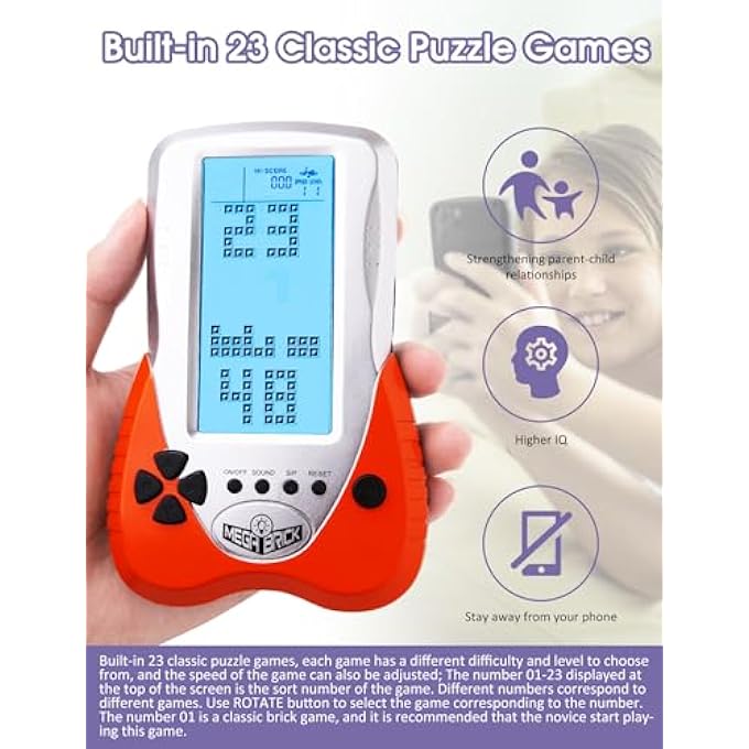 NEW BRICK GAME CONSOLE WITH LARGE SCREEN, BLUE BACKLIGHT BRIGHTNESS CAN BE ADJUSTED IN 23 GAMES COMPATIBLE WITH LITHIUM BATTERY AND AAA BATTERIES (ORANGE) - Image 4