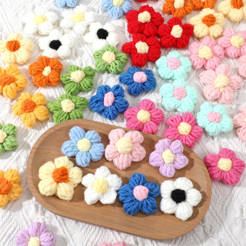 Qulkws 50 Pcs Crochet Flowers Knitted Yarn Flowers Handmade Crochet Flower Cute Flower Sew/Iron On Patches, Beautiful Crocheted Floral, for Crafts Embellishments, Clothing, DIY Hair Headbands (14 Colors) - Image 3