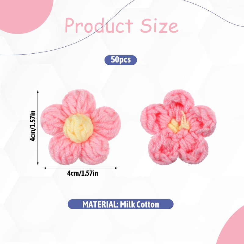 Qulkws 50 Pcs Crochet Flowers Knitted Yarn Flowers Handmade Crochet Flower Cute Flower Sew/Iron On Patches, Beautiful Crocheted Floral, for Crafts Embellishments, Clothing, DIY Hair Headbands (14 Colors) - Image 2