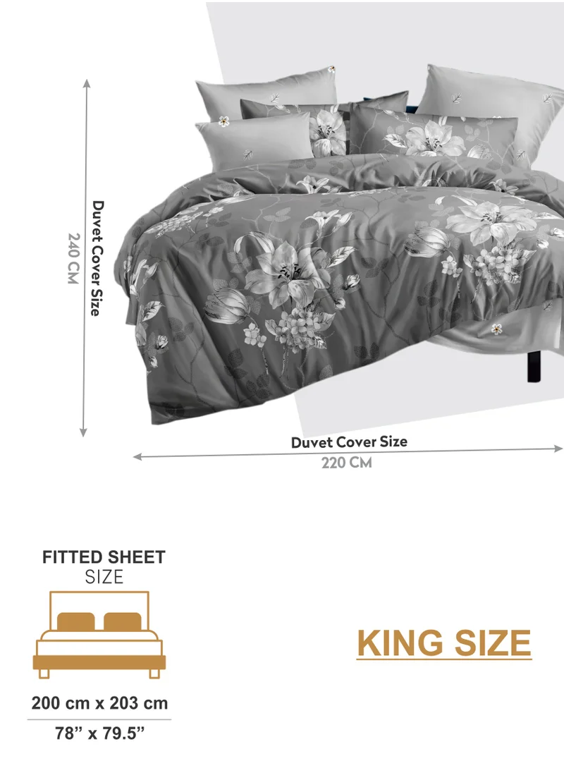 Donetella Duvet Cover Set 6-Pcs King Size Printed Bed Set With 1 Duvet Cover(220 X 240 CM),1 Fitted Sheet,2 PillowSham And 2 Pillow Cases (Without Filler),Smoke Grey