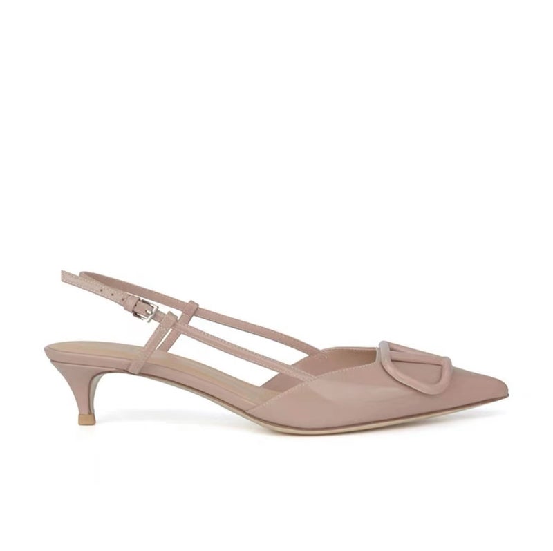 Grape Mom Valentino V-Buckle Point-Toe Nude Pumps Patent Leather Back Lace-Up Stiletto Heel Pumps - Image 1