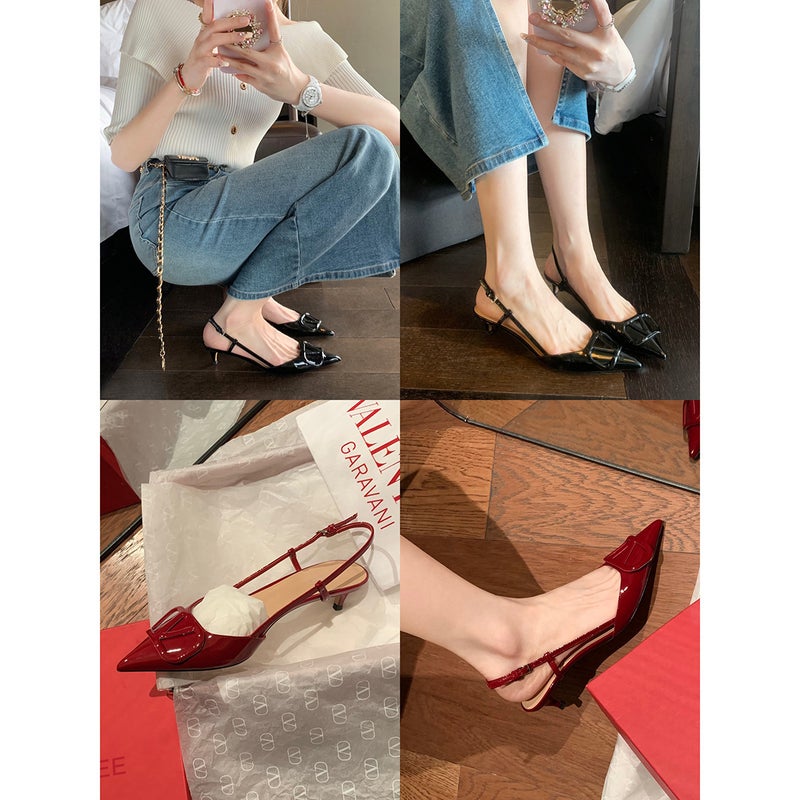Grape Mom Valentino V-Buckle Point-Toe Nude Pumps Patent Leather Back Lace-Up Stiletto Heel Pumps - Image 5