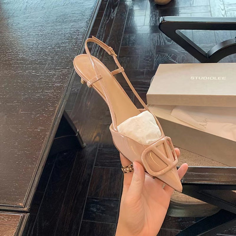 Grape Mom Valentino V-Buckle Point-Toe Nude Pumps Patent Leather Back Lace-Up Stiletto Heel Pumps - Image 2