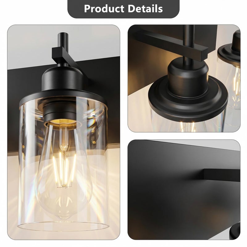 Lanhall 3-Light Black Bathroom Light Fixture Over Mirror Modern Farmhouse Bathroom Vanity Light Vintage Wall Lighting with Clear Glass Shade for Bathroom, Bedroom, Hallway, Cabinet - Image 4