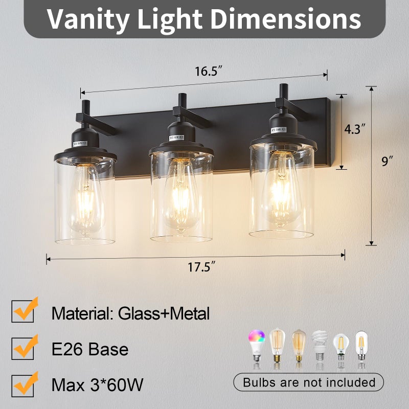Lanhall 3-Light Black Bathroom Light Fixture Over Mirror Modern Farmhouse Bathroom Vanity Light Vintage Wall Lighting with Clear Glass Shade for Bathroom, Bedroom, Hallway, Cabinet - Image 5