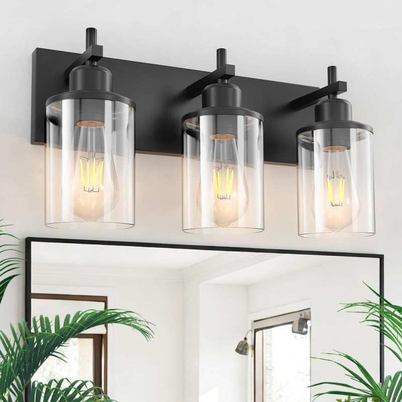 Lanhall 3-Light Black Bathroom Light Fixture Over Mirror Modern Farmhouse Bathroom Vanity Light Vintage Wall Lighting with Clear Glass Shade for Bathroom, Bedroom, Hallway, Cabinet - Image 1