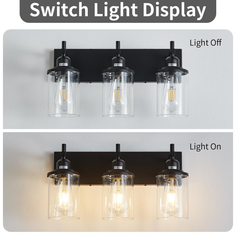 Lanhall 3-Light Black Bathroom Light Fixture Over Mirror Modern Farmhouse Bathroom Vanity Light Vintage Wall Lighting with Clear Glass Shade for Bathroom, Bedroom, Hallway, Cabinet - Image 3