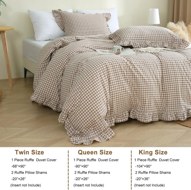 Silnuo Taupe/White Plaid Ruffle Duvet Cover King Size,100% Washed Cotton 3 Pcs Vintage Checkered Chic Gingham Bedding Set Comforter Cover Set - Image 4