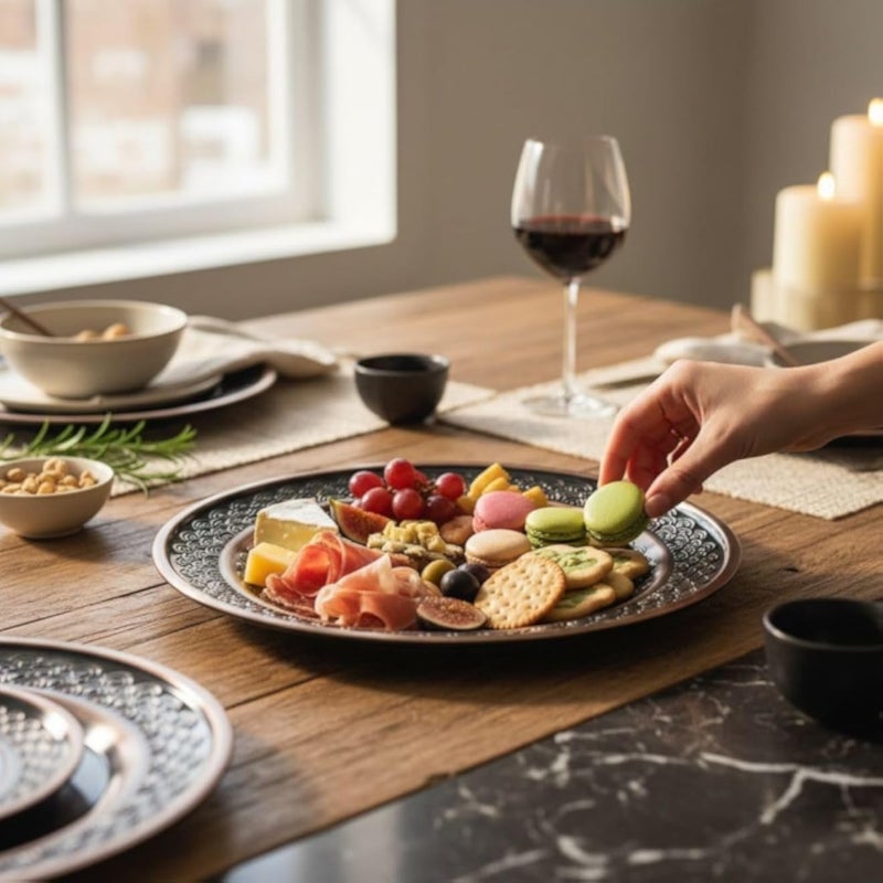 Round Engraved Serving Plates & Trays Decorative Round Plates for Serving & Home Decor (Set Of 4)