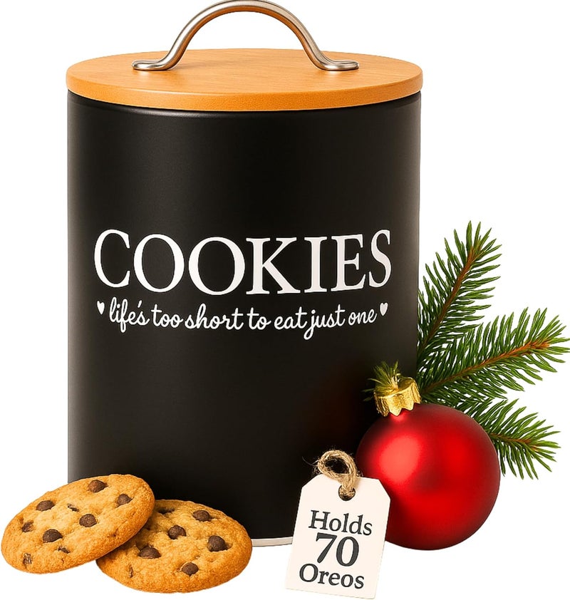 D'Lifeful Cookie Jar with Airtight Bamboo Lid – 0.6 Gallon Cute and Decorative Cookie Storage for Kitchen Countertop – Farmhouse Storage Tin for Freshness – Great Gift Idea - Image 1