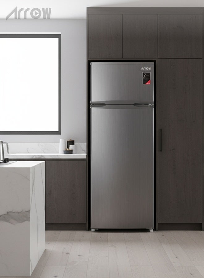 ارو ثلاجة بفريزر علوي سعة 181 لترًا مع ثلاجة سعة 135 لترًا ومجمد سعة 46 لترًا، وتحكم ميكانيكي في درجة الحرارة، وإزالة الجليد تلقائيًا من الثلاجة، وإزالة الجليد يدويًا من المجمد، ولوحة باب معدنية، وعجلات مدمجة، وضوضاء منخفضة (40 ديسيبل)، ودرج للعناية بالطعام لتخزين الأطعمة الطازجة | رقم الموديل: RO2-280L - Image 4