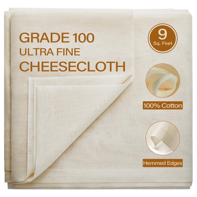 eFond Cheesecloth 9 Square Feet Grade 100 Cheese Cloths for Straining Reusable Washable Lint Free and Ultra Fine Mesh Unbleached Pure Cotton Cheese Cloths for Cooking with Hemmed 2 Edges 1 Yard