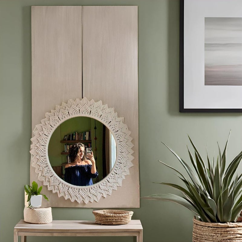 SOUZAL SOUZAL Macrame Wall Hanging Mirror Handmade 18 Inch Round Decorative Boho VintageInspired Macrame Wall Hanging Mirror Perfect for Bedroom Living Room Home DecorationOffWhite 1Piece SM19  - Image 5