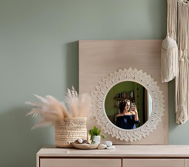 SOUZAL SOUZAL Macrame Wall Hanging Mirror Handmade 18 Inch Round Decorative Boho VintageInspired Macrame Wall Hanging Mirror Perfect for Bedroom Living Room Home DecorationOffWhite 1Piece SM19  - Image 4