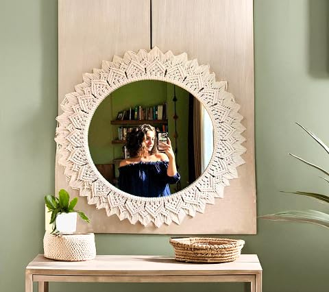 SOUZAL SOUZAL Macrame Wall Hanging Mirror Handmade 18 Inch Round Decorative Boho VintageInspired Macrame Wall Hanging Mirror Perfect for Bedroom Living Room Home DecorationOffWhite 1Piece SM19  - Image 3