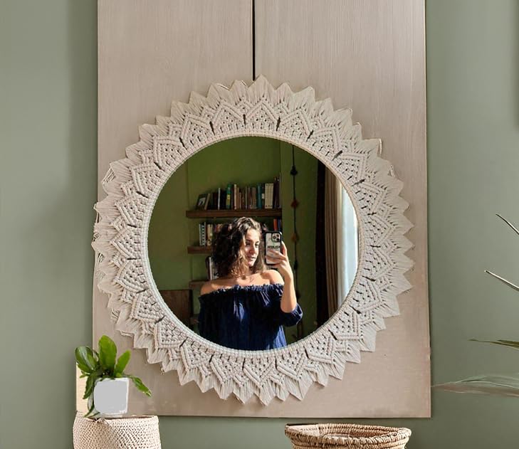 SOUZAL SOUZAL Macrame Wall Hanging Mirror Handmade 18 Inch Round Decorative Boho VintageInspired Macrame Wall Hanging Mirror Perfect for Bedroom Living Room Home DecorationOffWhite 1Piece SM19  - Image 1