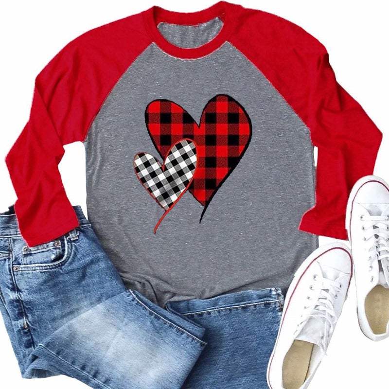 MHTOR Valentines Shirts Women Buffalo Plaid Love Heart Graphic Tees Letter Print Long Sleeve Tops Shirts(Large,A-Red-5)